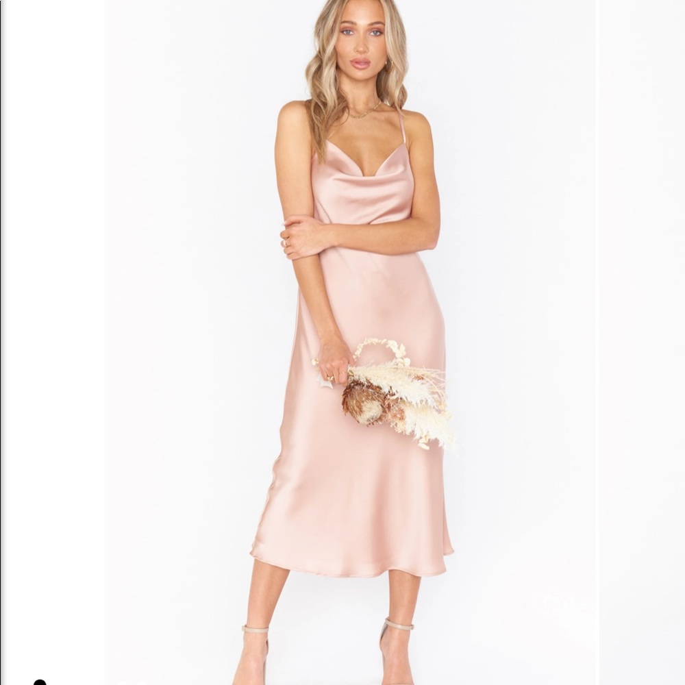 Show Me Your Mumu Verona Cowl Dress Rose Gold Luxe Satin - Size Small